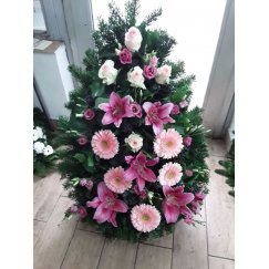 23. Csepp formájú, álló koszorú, rózsa, gerbera, liliom, szellőrózsa:
